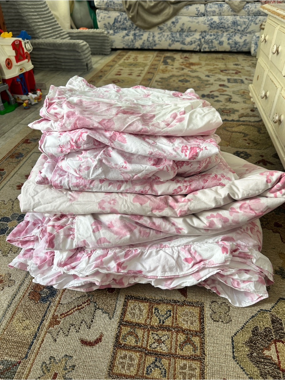 LoveShackFancy x Pottery Barn Teen Damask Ruffle Pink Bedding Set sz XL TWIN